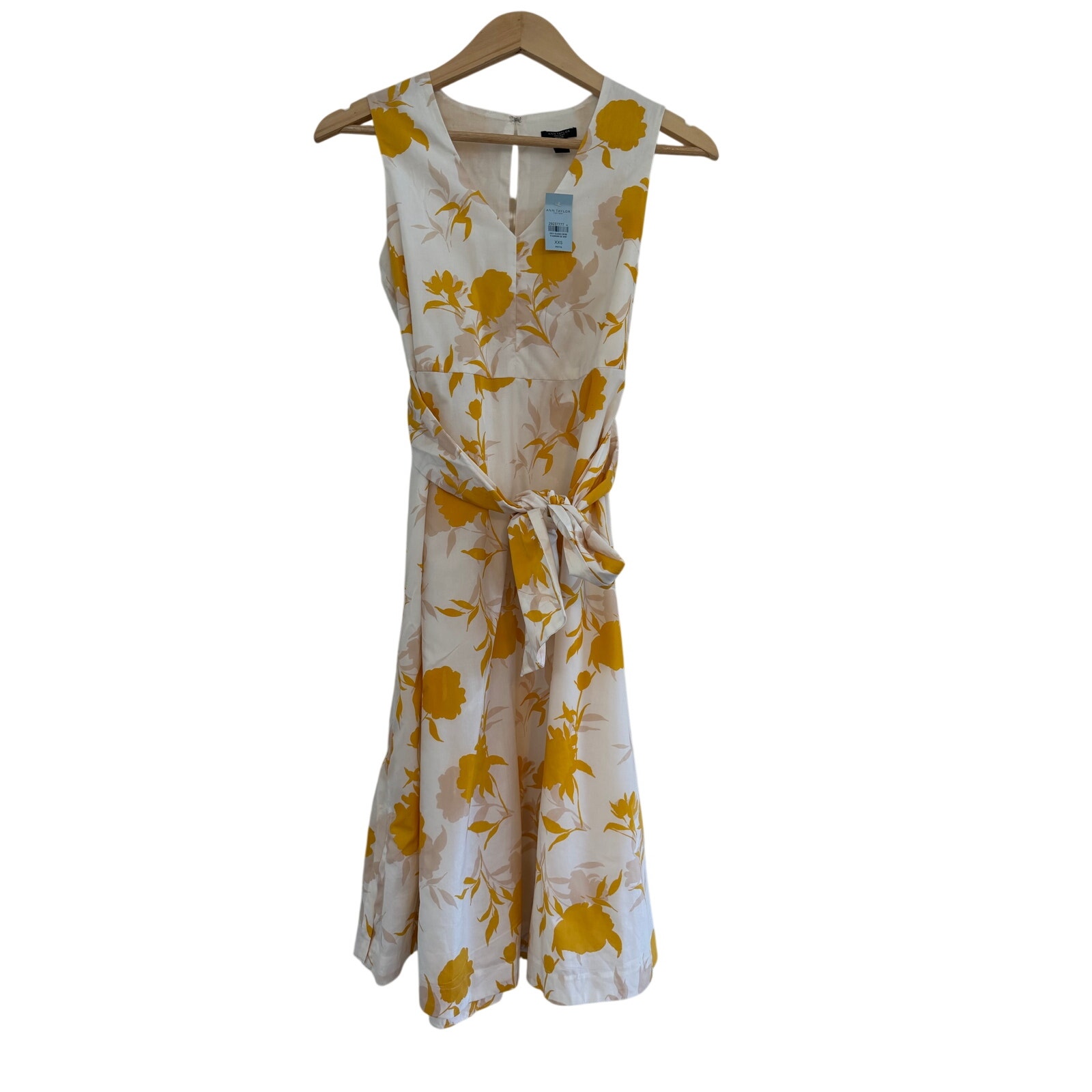 Nwt Ann Taylor Floral Belted Dress Womens Xxs Petite Cottagecore Cotton Yellow